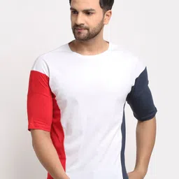 DOOR74 Men White & Red Colourblocked Cotton Boxy T-shirt-picture-17