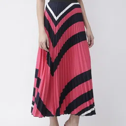 KASSUALLY Pink & Black Colourblocked Pleated A-Line Skirt image 3