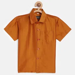 THANGAMAGAN Boys Mustard Yellow Regular Fit Solid Ethnic Silk Shirt image 2