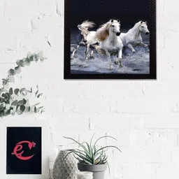 eCraftIndia White & Blue Running Horses Satin Matt Texture UV Wall Art image 1
