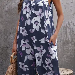 StyleCast Blue & White Floral Printed Shoulder Straps Basic Jumpsuit image 3
