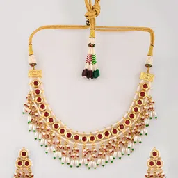 DASTOOR Gold-Plated Red Stone & Beaded Jewellery Set image 2