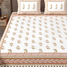 JAIPUR FABRIC White & Brown Floral Cotton 210 TC King Bedsheet With 2 Pillow Covers image 4