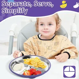 zibuyu Kids Suction Plate 9 Inch Round 3 Compartment Stainless Steel Plate for Toddler Sectioned Plate image 4