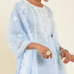 Soch Blue & White Floral Embroidered Chanderi Silk Kurta With Trousers & Dupatta image 2
