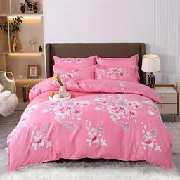 JC HOME Pink & White Printed Double King Bedding Set With Quilt Cover image 2