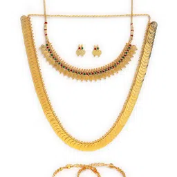 ZENEME Gold-Plated & Green Stone-Studded & Beaded Temple Jewellery Set image 3