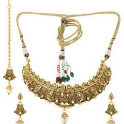 Adwitiya Collection 24CT Gold-Plated & White Stone-Studded Jewellery Set With Maang Tika image 2