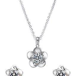 Yellow Chimes Silver-Plated & White Crystal-Studded Floral Pendant Set image 4