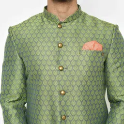 KISAH Men Green Printed Cotton Sherwani Set image 3