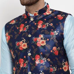 KRAFT INDIA Men Blue Silk Printed Mandarin Collar Nehru Jacket image 2