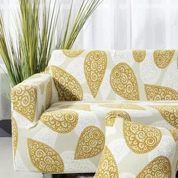 HOUSE OF QUIRK Beige & Brown Floral Printed Triple Seater Elasticated Sofa Cover With Arms image 5