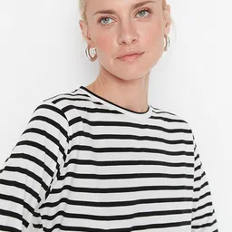 Trendyol Women White & Black Striped Polyester T-shirt image 2
