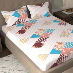 CHHAVI INDIA White & Peach Geometric 210 TC Queen Bedsheet with 2 Pillow Covers image 2