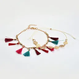 Sangria Set of 2 Gold-Plated Artificial Stone Studded Tasseled Anklets image 2