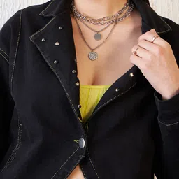 Antheaa Black Embellished Lapel Collar Baggy Fit Denim Jacket image 2