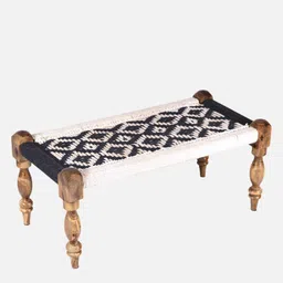 ikiriya Oakville Vtage 2 Seater Maachi Bench With Rope Canng In Black And White Colour image 3