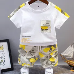 Googo Gaaga Kids-Boys White & Yellow Printed Pure Cotton T-shirt with Shorts-image-55