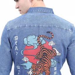 HIGHLANDER Men Graphic Printed Slim Fit Denim Faded Casual Shirt image 2