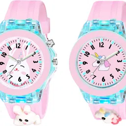 maan international Multicolor Lights 3D Cute Cartoon Multi Function Rubber Strap Kidd's Boys Analog Watch- For Boys & Girls Kids Combo2-Pink Rebbit-Pink Unicorn-picture-18