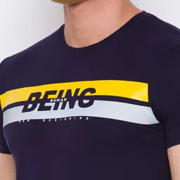 Being Human Men Navy Blue & Yellow Brand Logo Printed T-shirt image 3
