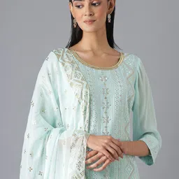 AURELIA Women Blue Ethnic Motifs Embroidered Kurta with Trousers & With Dupatta image 2