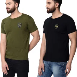 london hills Pack of 2 Men Solid Round Neck Cotton Blend Green, Black T-Shirt image 3