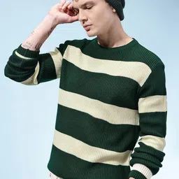 Men Striped Round Neck Green Sweater-image-3