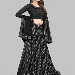 JSItaliya Black & Silver-Toned Foil Printed Semi-Stitched Lehenga Choli Set image 2