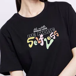 Mast & Harbour Black Typography Printed Oversized Pure Cotton T-shirt image 3