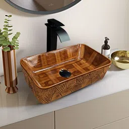 clayramic Branded Ceramic Wodden Washbasin With Waste Coupling & Pipe Set 18x14x5(Wodden 03) Table Top Basin image 3