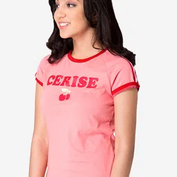 Mode by Red Tape Girls Coral Pink & Red Printed Round Neck T-shirt image 2