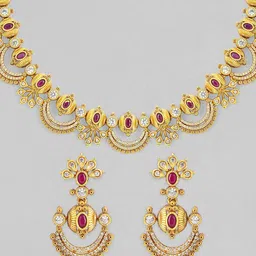 Rubans 24K Gold-Plated Zircon Studded Temple Necklace Set image 3