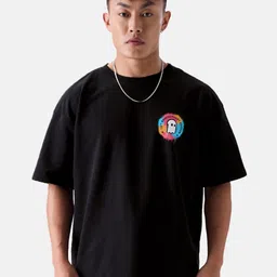 The Souled Store Black Graphic Printed Drop-Shoulder Sleeves Oversized Pure Cotton T-shirt image 2
