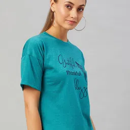 CHIMPAAANZEE Women Blue Typography Printed  Drop shoulder T-shirt image 4