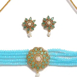 ZENEME Gold-plated Teal Blue & Turquoise Blue AD Studded & Beaded Multistrand Necklace Set image 2
