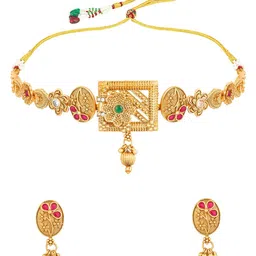 aadita Gold-Plated Green & Red Stone-Studded Jewellery Set image 3