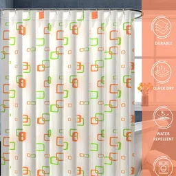 Kuber Industries 4-Pcs White & Green Block Printed Quick Dry Shower Curtains With 12 Rings image 3