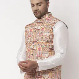 Benstoke Men White & Yellow Printed Woven Nehru Jacket image 5