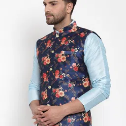 KRAFT INDIA Men Blue Silk Printed Mandarin Collar Nehru Jacket image 5