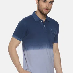 yak yak YAK Men Navy Blue Dyed Polo Collar Pockets Slim Fit Cotton T-shirt image 2