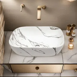 devito (18*13*5) inch super glossy finish designer basin / counter top basin / (45*33*13.5) cm super glossy finish marble tone ceramic wash basin / Table Top Basin image 2