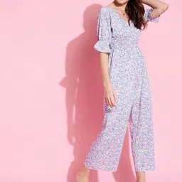 KASSUALLY Holiyday Hype Blue & Pink Floral Holiday Hype Printed Waist Smocked Jumpsuit image 4