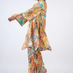 JISORA Yellow Abstract Printed Flared Sleeves Pure Cotton Round Neck Top & Trouser image 3