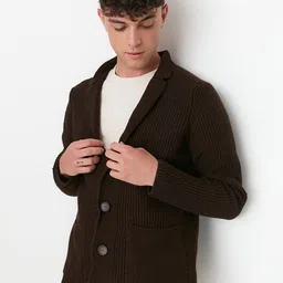 Trendyol Men Brown Striped Crop Open Front Jacket image 3