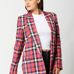 Remanika Women Red Checked Cotton Open Front Jacket image 5