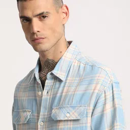 THE BEAR HOUSE Checked Relaxed Fit Spread Collar Twill Cotton Casual Shirt image 3