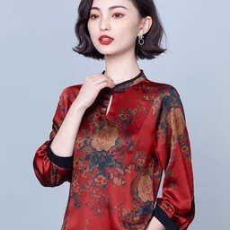 JC Collection Women Red & Blue Floral Print Polyester Mandarin Collar Top image 2