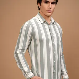 HIGHLANDER Men Slim Fit Spread Collar Vertical Striped Cotton Casual Shirt image 5