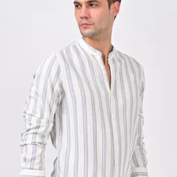 POE Band Collar Long Sleeves Smart Slim Fit Cotton Striped Casual Shirt image 3